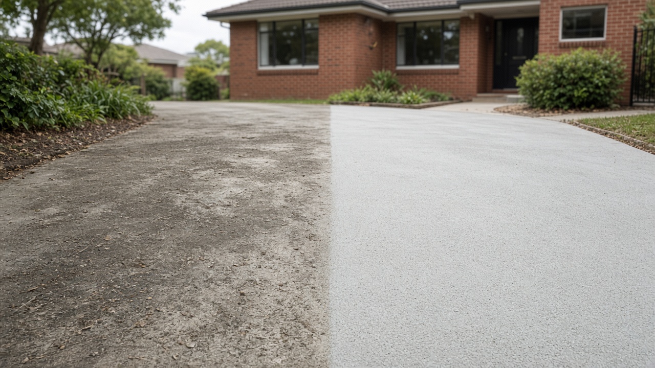 Illustrative driveway: stained concrete beside a cleaned section