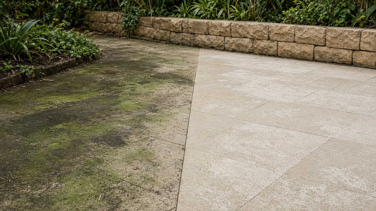 Illustrative outdoor paving with organic staining beside a cleaned area