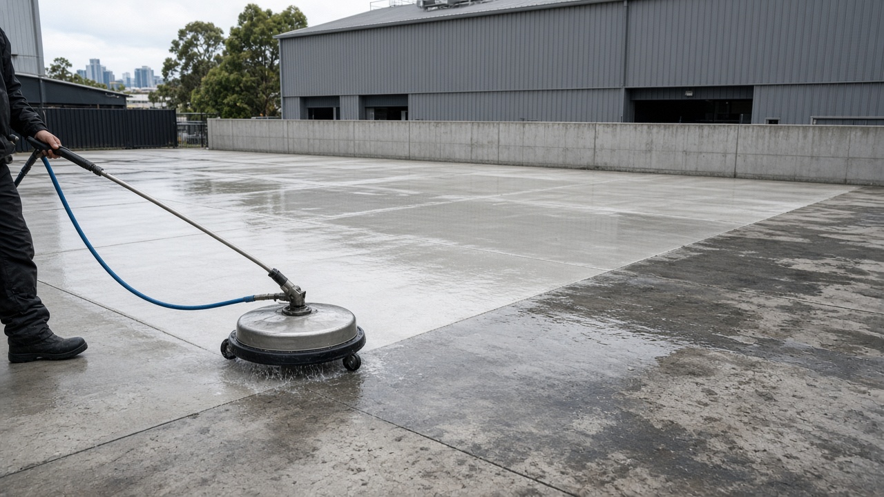 Paved outdoor surface during pressure washing