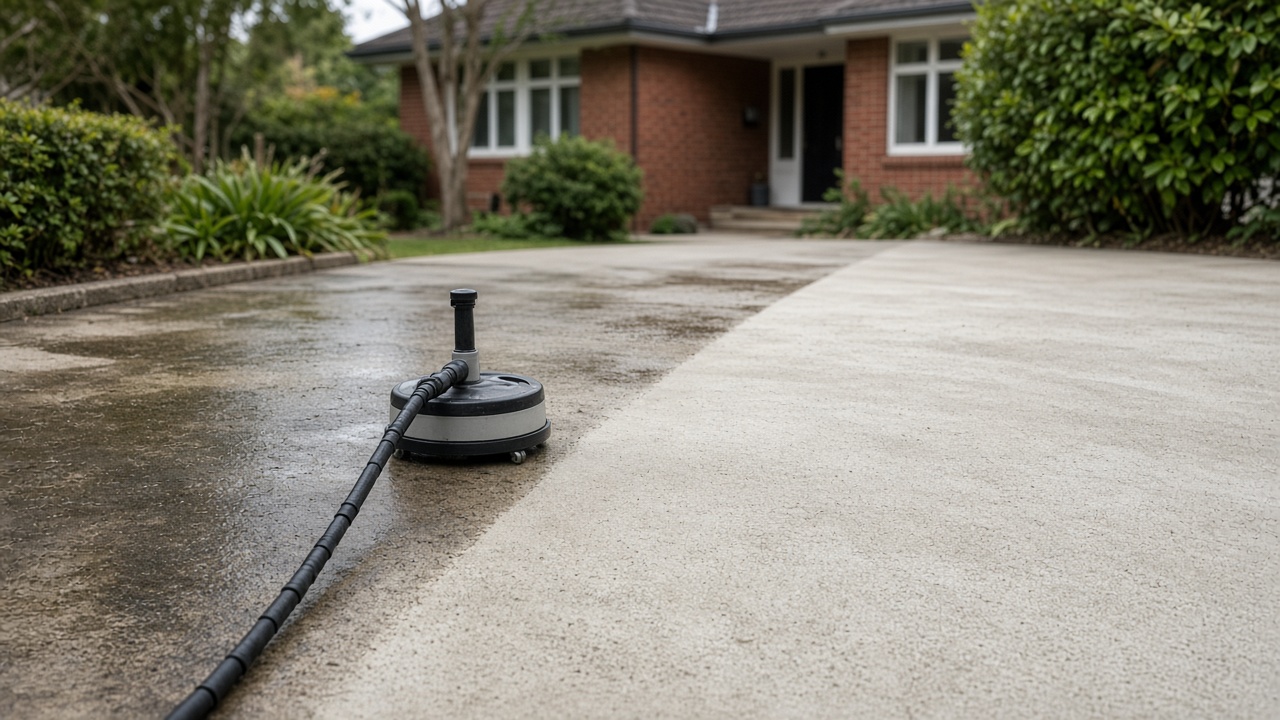 Residential concrete driveway with a cleaned section beside a stained section