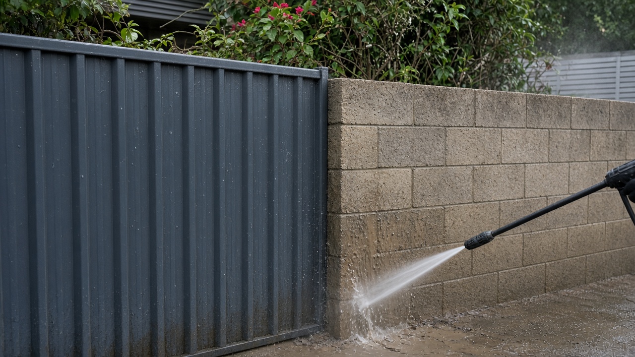 Metal fence and masonry wall being rinsed