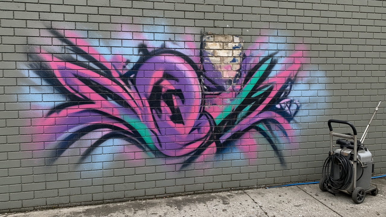 Brick wall with graffiti and a small cleaned patch