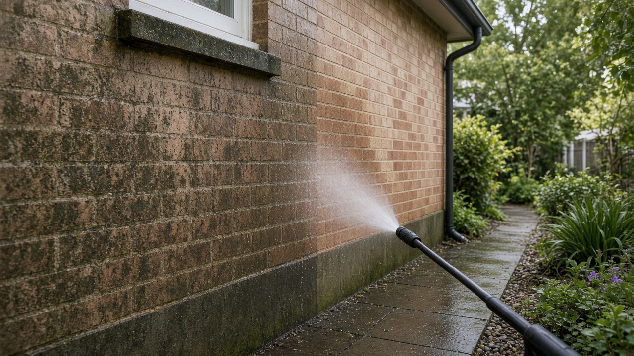 Residential house wall and path with a cleaned section