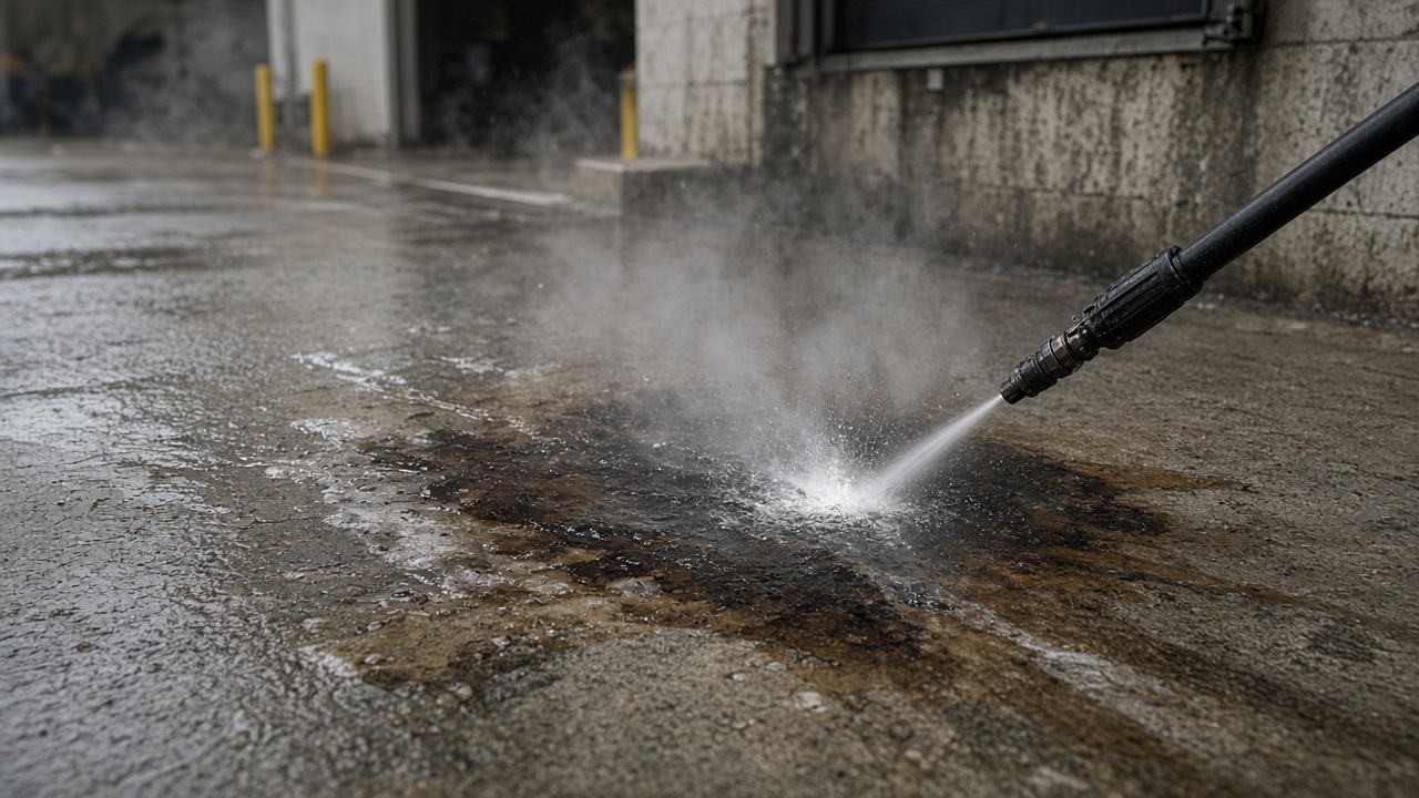 Oil-stained concrete being rinsed