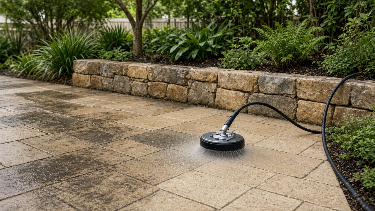 Outdoor paving and a low wall being cleaned