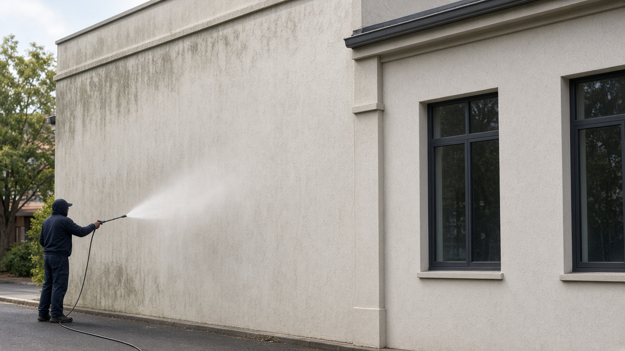 Low-pressure wash on a rendered wall
